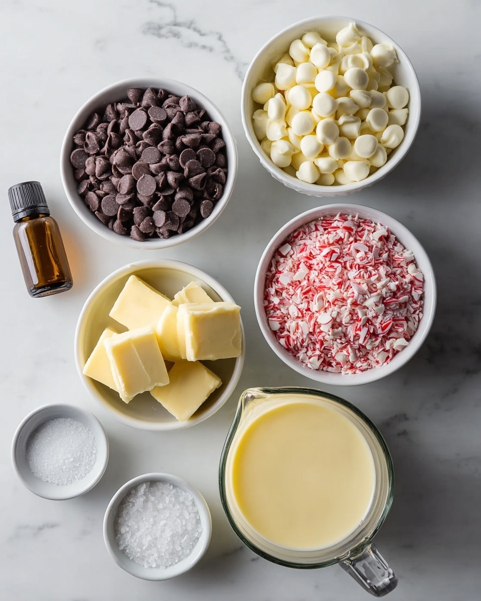 The image shows six small white bowls and a glass pitcher arranged on a white marbled surface. The top left bowl is filled with dark brown chocolate chips, and next to it on the right is a bowl with creamy white chocolate chips. Below them, in the center left, is a bowl with three square pieces of yellow butter, and on the right side of it is a glass pitcher filled with light yellow cream. At the bottom right, there is a bowl full of crushed red and white peppermint candy pieces. Two small bowls at the bottom left hold coarse white sea salt and fine white sugar. Lastly, a small amber dropper bottle is placed in the top left corner beside the butter bowl. Photo taken with an iphone --ar 4:5 --v 7