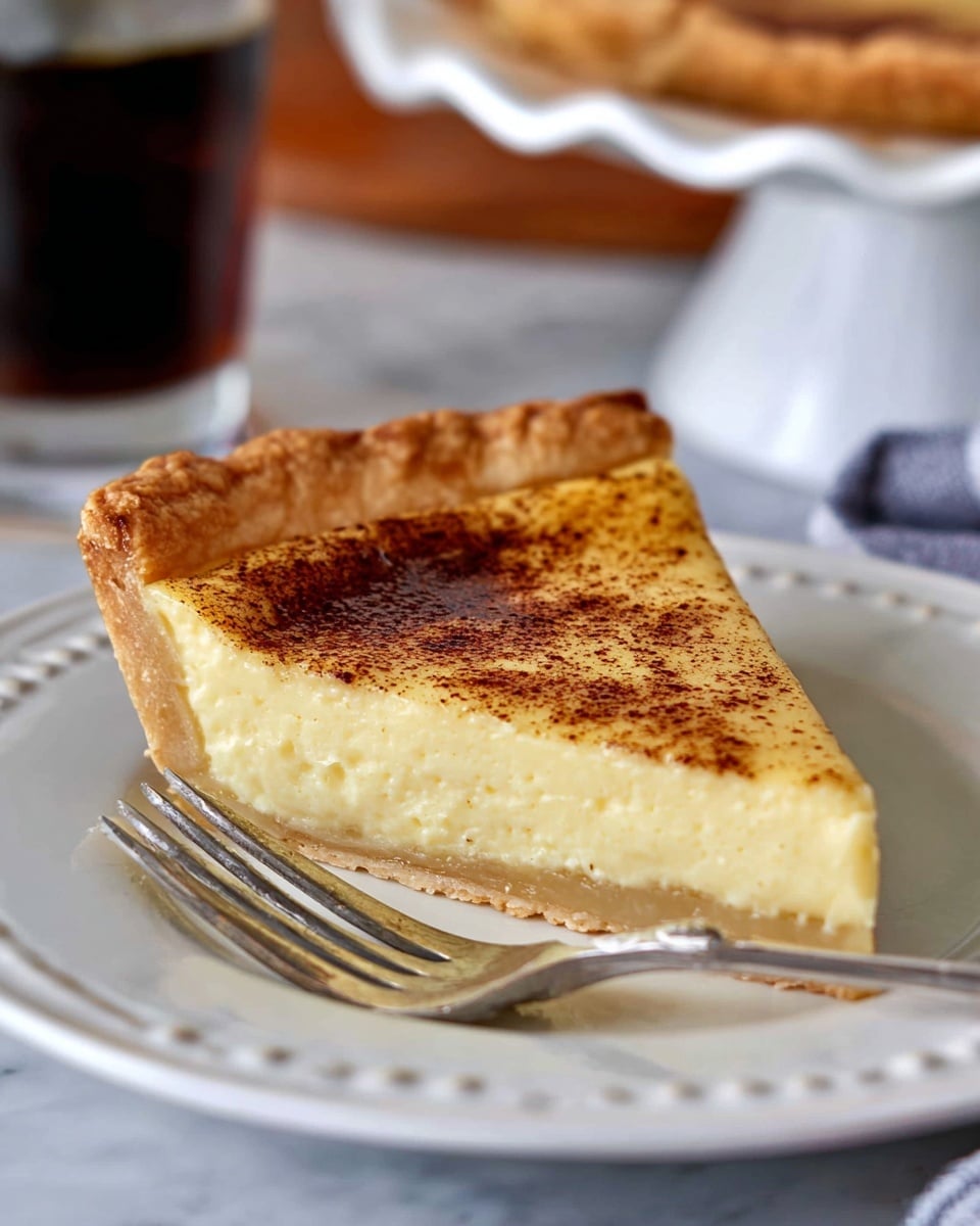 A slice of custard pie on a white plate with a decorative edge crust that is light golden brown, the custard layer inside is a smooth, creamy pale yellow filling with a slightly darker brown sprinkled top, showing a soft texture with tiny browned spots on the surface. Next to the pie slice, there is a silver fork resting on the plate, and the background has a white marbled texture with a blurred glimpse of a white cake stand and a dark drink in a glass. Photo taken with an iphone --ar 4:5 --v 7