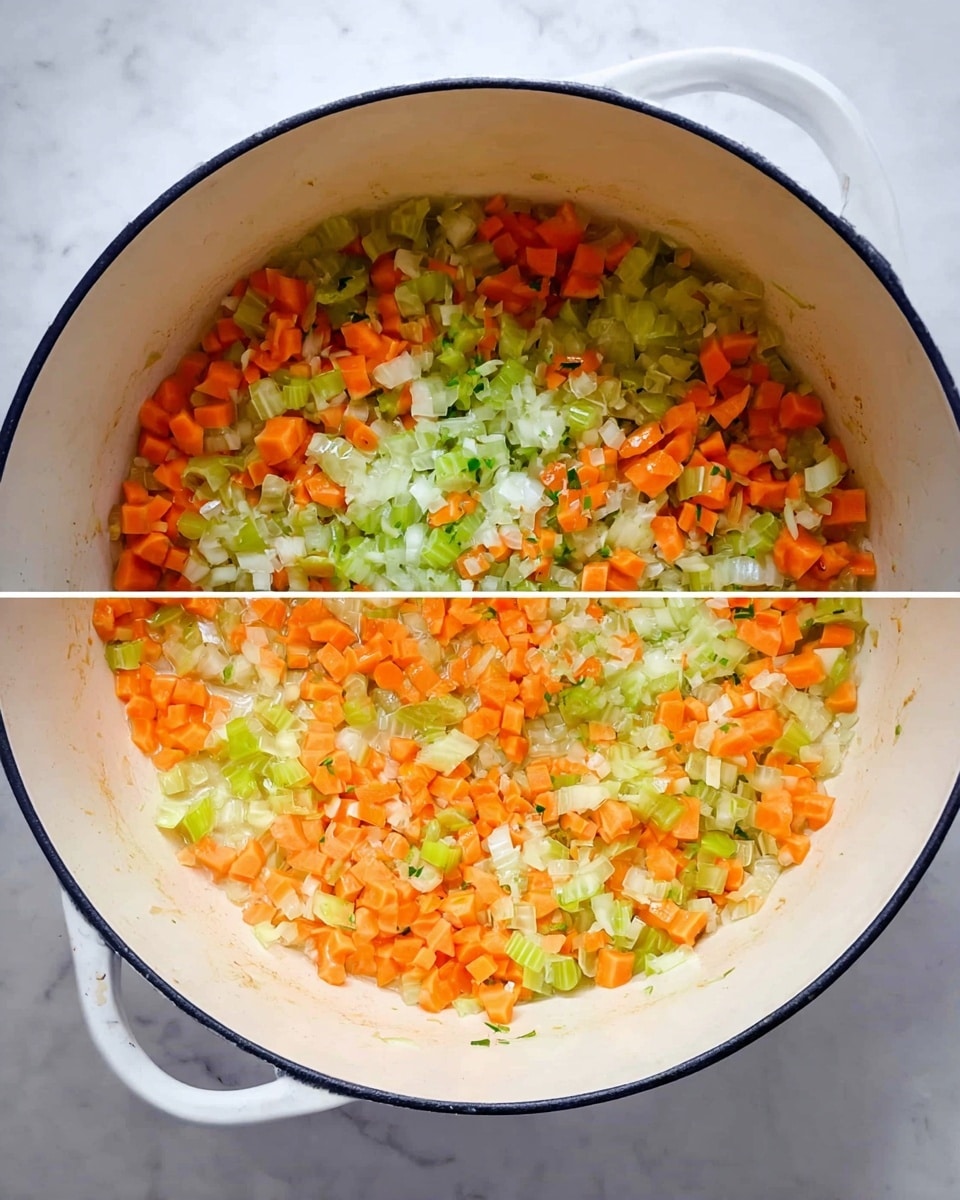 The image shows a white pot with a few layers of cooked vegetables inside. The bottom layer is made up of small chopped pieces of orange carrots spread evenly. On top and mixed throughout, there are small light green celery pieces scattered evenly. The top layer consists of finely chopped white onions spread across the carrots and celery, some parts looking slightly translucent as if sautéed. The pot is set on a white marbled surface, visible around the edges. photo taken with an iphone --ar 4:5 --v 7