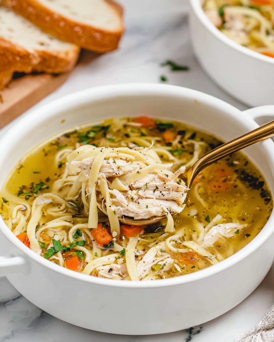 A white bowl filled with three main layers: a clear golden broth at the base with specks of black pepper and herbs, topped with tender shredded white chicken and flat light yellow noodles, mixed with small pieces of orange carrots and bits of green parsley scattered throughout. A gold spoon rests in the bowl, lifting a portion of chicken and noodles, with the bowl placed on a white marbled surface. In the background, slices of crusty bread rest near the bowl, and a hint of another bowl with similar contents is visible. photo taken with an iphone --ar 4:5 --v 7