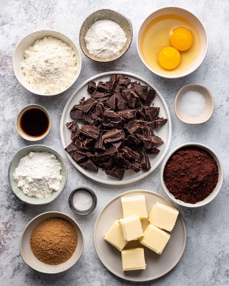 The image shows an overhead view of several bowls and plates arranged on a white marbled texture. In the center, a white plate holds many unevenly broken dark chocolate pieces, dark brown in color and chunky in texture. Surrounding this plate are multiple white bowls and small dishes: a bowl with bright yellow raw eggs, a bowl of white flour, a bowl of brown sugar with a crumbly texture, and a bowl with fine dark cocoa powder. There are smaller dishes with white powder (baking soda), salt, and a tiny dish with a dark liquid (likely vanilla extract). One white plate contains six square pieces of butter, pale yellow and smooth. The layout is neat and clean, showing all the ingredients separately, ready for baking. Photo taken with an iphone --ar 4:5 --v 7