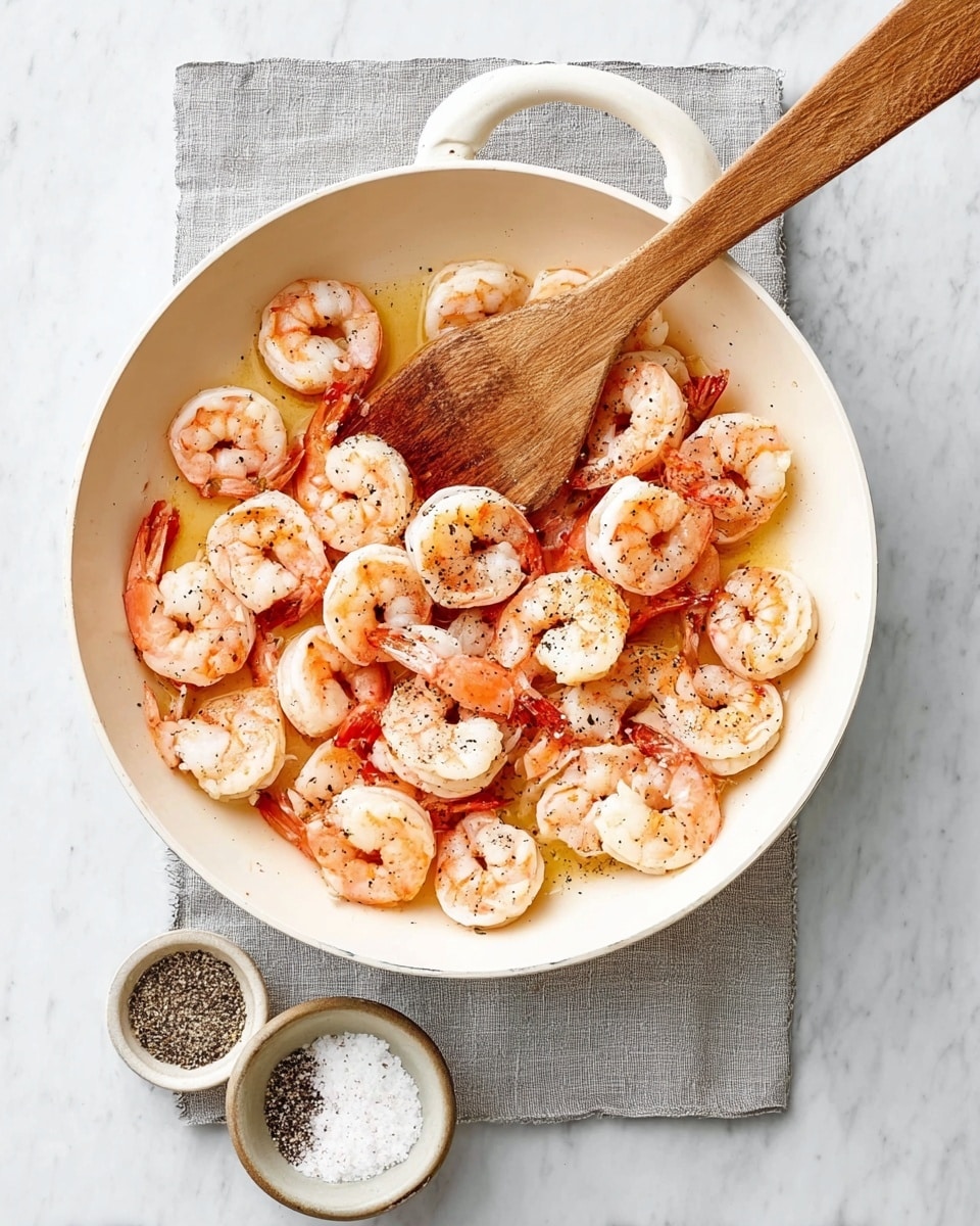 A white round pan filled with about 30 cooked shrimp arranged in a single layer with some overlapping, the shrimp are pink with white flesh and some black pepper sprinkled on top, a wooden spatula with a long handle rests inside the pan on the shrimp. Below the pan on a white marbled surface is a small round bowl with a mix of white salt and black pepper. Photo taken with an iphone --ar 4:5 --v 7