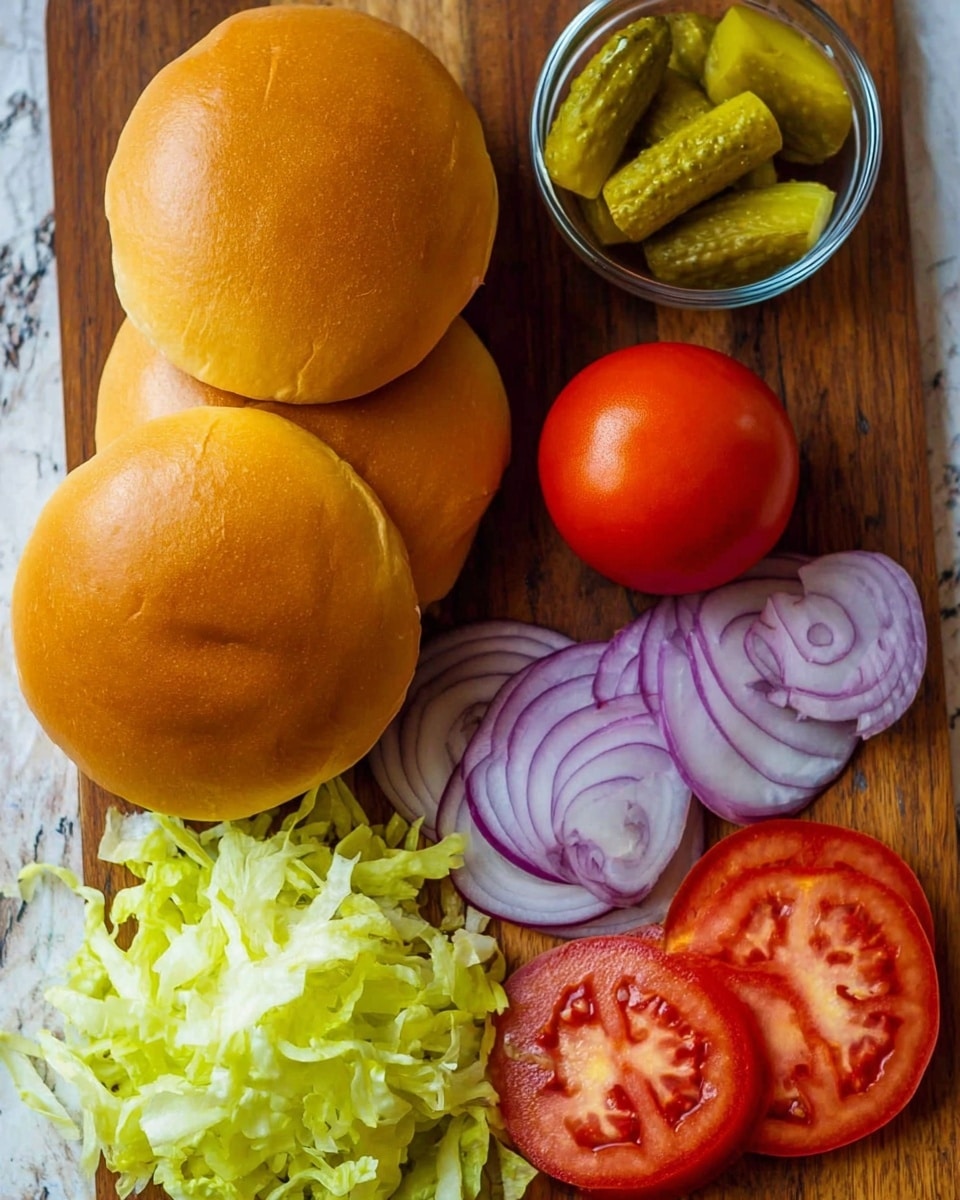 The image shows four golden brown sandwich buns stacked together on a brown wooden surface with a white marbled texture. Nearby, there is a small clear bowl filled with crinkle-cut green pickles. A whole bright red tomato sits next to several round slices of tomato with a juicy red inside, arranged on the surface. Below the tomatoes, there are thin slices of purple onions showing their rings, and shredded light green lettuce is scattered beside them. Everything is displayed naturally in a fresh and colorful way. photo taken with an iphone --ar 4:5 --v 7