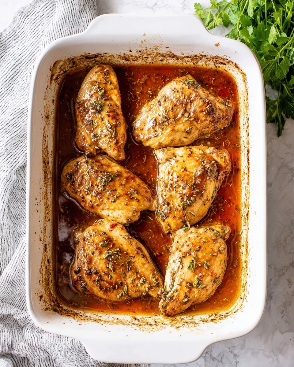 A white rectangular baking dish contains five cooked chicken pieces arranged in two rows, three on top and two at the bottom. The chicken pieces are a light golden brown color, covered with a glossy, reddish-brown sauce that pools at the bottom of the dish, showing herbs and small bits of seasoning throughout. The edges of the dish show browned residue from cooking. The background has a white marbled texture, with a gray and white striped cloth partially visible on the left side and green leafy herbs on the upper right side. photo taken with an iphone --ar 4:5 --v 7