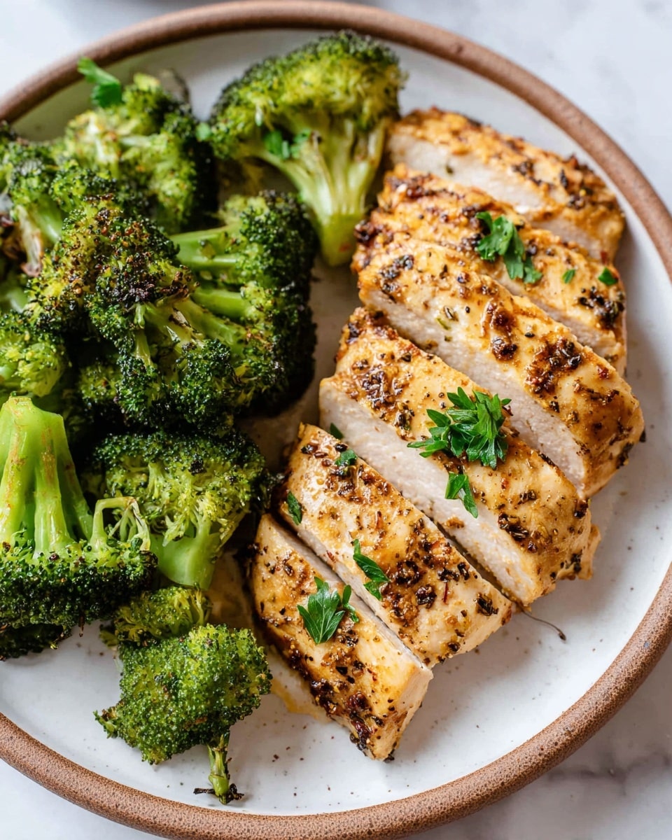 The dish shows two main layers on a white plate with a brown rim. The bottom layer is bright green broccoli florets with some slight charring, giving them a textured look, arranged to the left side. The top layer is sliced cooked chicken placed on the right, with a golden brown color seasoned with herbs and small bits of seasoning visible on the surface, garnished with a few green parsley leaves. The white marbled surface is faintly visible around the plate edges. photo taken with an iphone --ar 4:5 --v 7