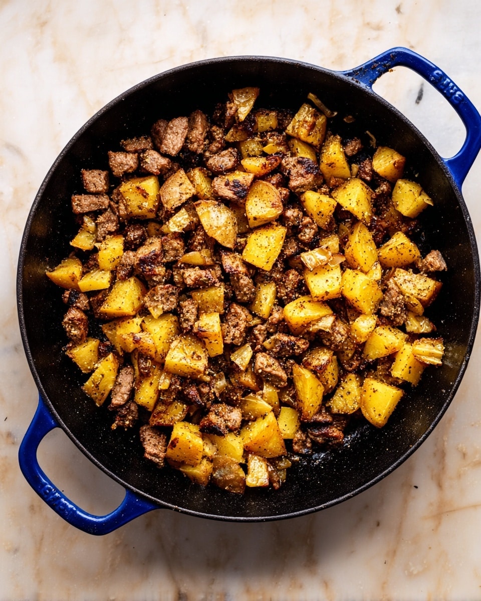 A black cast iron pan filled with two main layers: the first layer is made up of small, irregular pieces of cooked brown meat scattered all over; the second layer has yellow roasted potato chunks mixed evenly with the meat, showing browned edges and a slightly crispy texture. The pan is placed on a white marbled surface, and it has blue handles on each side. The meat and potatoes have a mix of dark brown and golden colors, and some seasoning is visible on the food pieces photo taken with an iphone --ar 4:5 --v 7