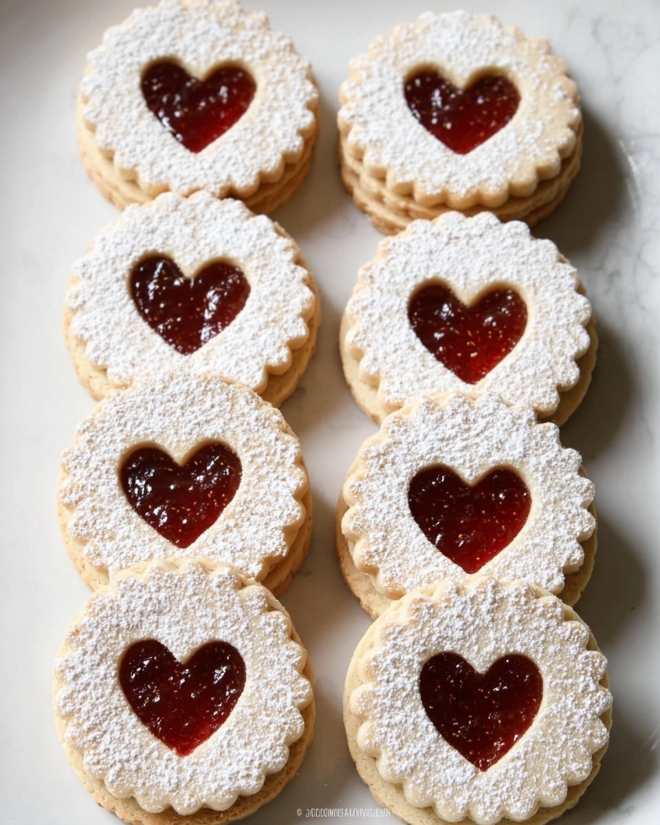 Nine sandwich cookies are placed in two neat columns on a white plate with a white marbled surface underneath. Each cookie has two layers of golden pastry with scalloped edges. The top layer is dusted with white powdered sugar and has a heart-shaped cutout in the center, showing the glossy red jam filling inside. The jam layer is smooth and shines through the heart shapes, contrasting with the matte powdered sugar on top. The cookies are evenly spaced and the light highlights their soft texture and the powdered sugar dusting. Photo taken with an iphone --ar 4:5 --v 7