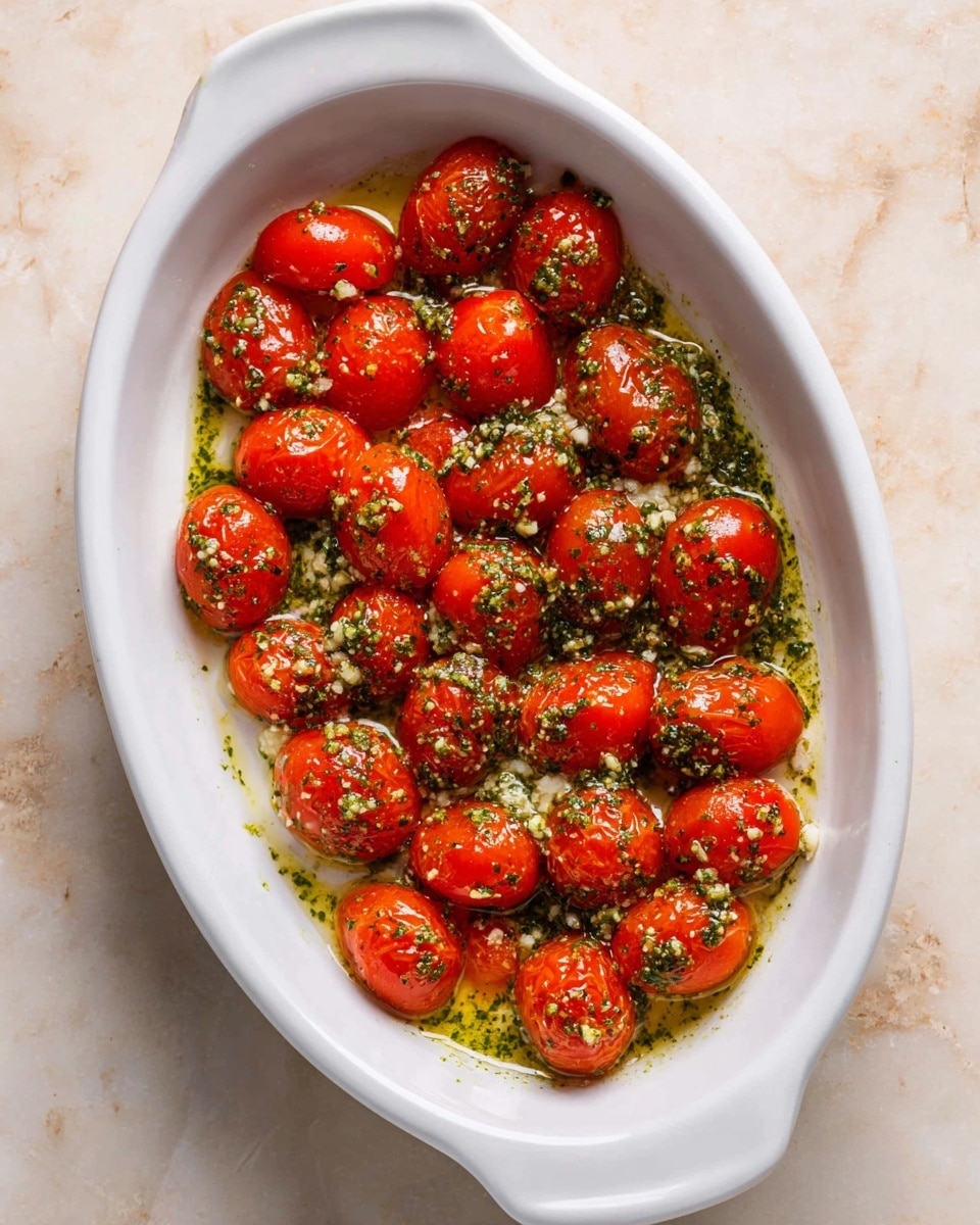 A white oval dish filled with a single layer of bright red cherry tomatoes coated in a shiny green herb and garlic sauce, small bits of garlic and herbs are evenly spread over and around the tomatoes, adding texture and color contrast. The dish sits on a white marbled surface. photo taken with an iphone --ar 4:5 --v 7