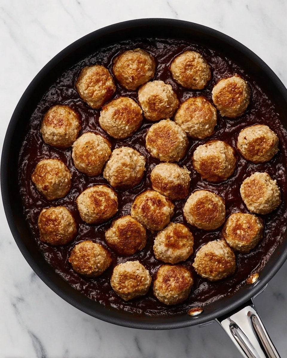 A black pan filled with a dark reddish-brown sauce covers the bottom layer, with 25 round, golden-brown meatballs placed evenly on top in a grid-like pattern. The meatballs have a slightly rough texture and a light browned crust. The pan is set on a white marbled surface, and part of a metal handle is visible on the right side. The image is captured from above. photo taken with an iphone --ar 4:5 --v 7