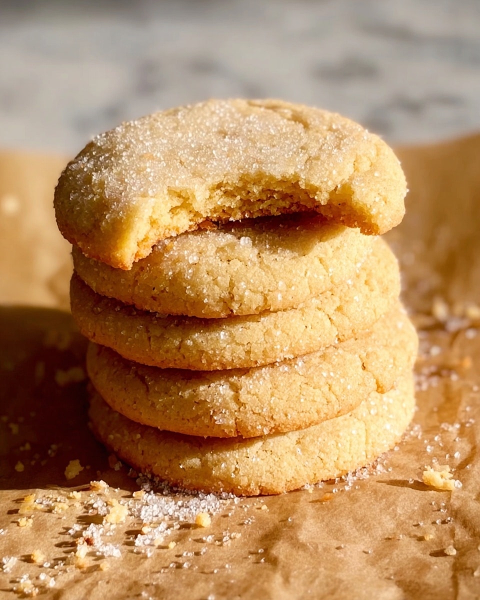A stack of four light golden cookies sits on brown parchment paper over a white marbled surface. The cookies are round, soft-looking, with a slightly cracked top and sugar crystals dusted over them. The top cookie has a bite taken out of it, showing a soft inside. Crumbs and sugar crystals are scattered around the base of the stack. The light highlights the texture well, making the cookies appear warm and fresh. Photo taken with an iphone --ar 4:5 --v 7