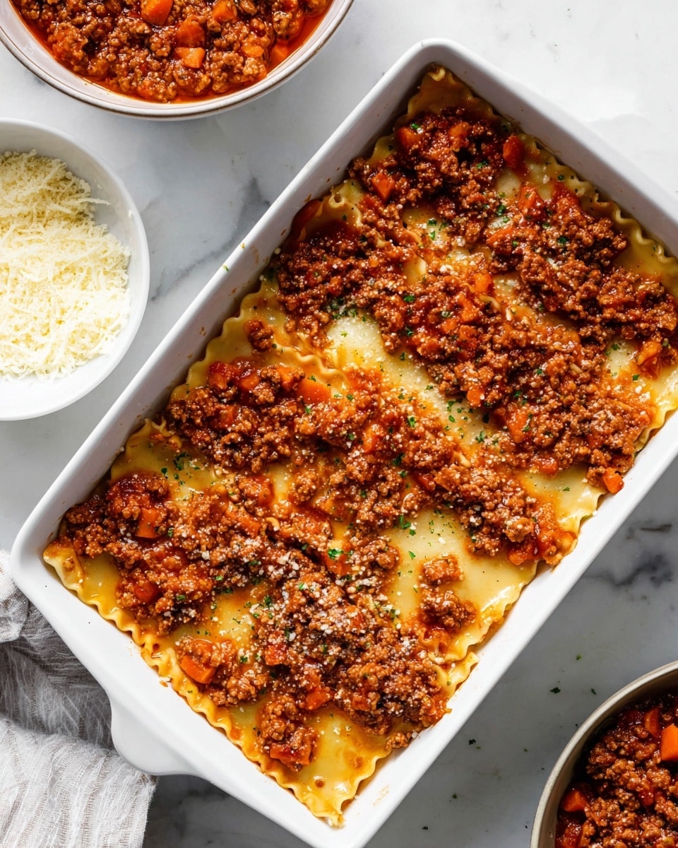 The image shows a white rectangular baking dish with three visible layers of lasagna sheets placed flat at the bottom as the first layer. On top of the pasta sheets is a thick, chunky meat sauce with visible pieces of ground meat, small diced orange carrots, and red tomato chunks spread evenly across the surface, covering the pasta. Around the baking dish, there is a bowl with grated cheese sitting on a white marbled surface, and the top corner of another bowl filled with more meat sauce is partially visible. Photo taken with an iphone --ar 4:5 --v 7