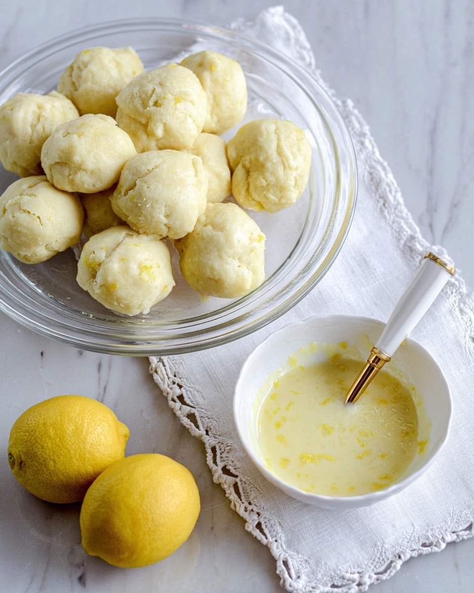 There is a clear glass plate holding twelve pale yellow dough balls with a soft, slightly lumpy texture, arranged loosely. To the lower right, on a white cloth with lace edges, is a white bowl filled with a creamy, light yellow sauce with visible lemon zest, and a spoon with a white handle and gold head rests inside the bowl. Two bright yellow lemons sit near the bowl on a white marbled surface. photo taken with an iphone --ar 4:5 --v 7