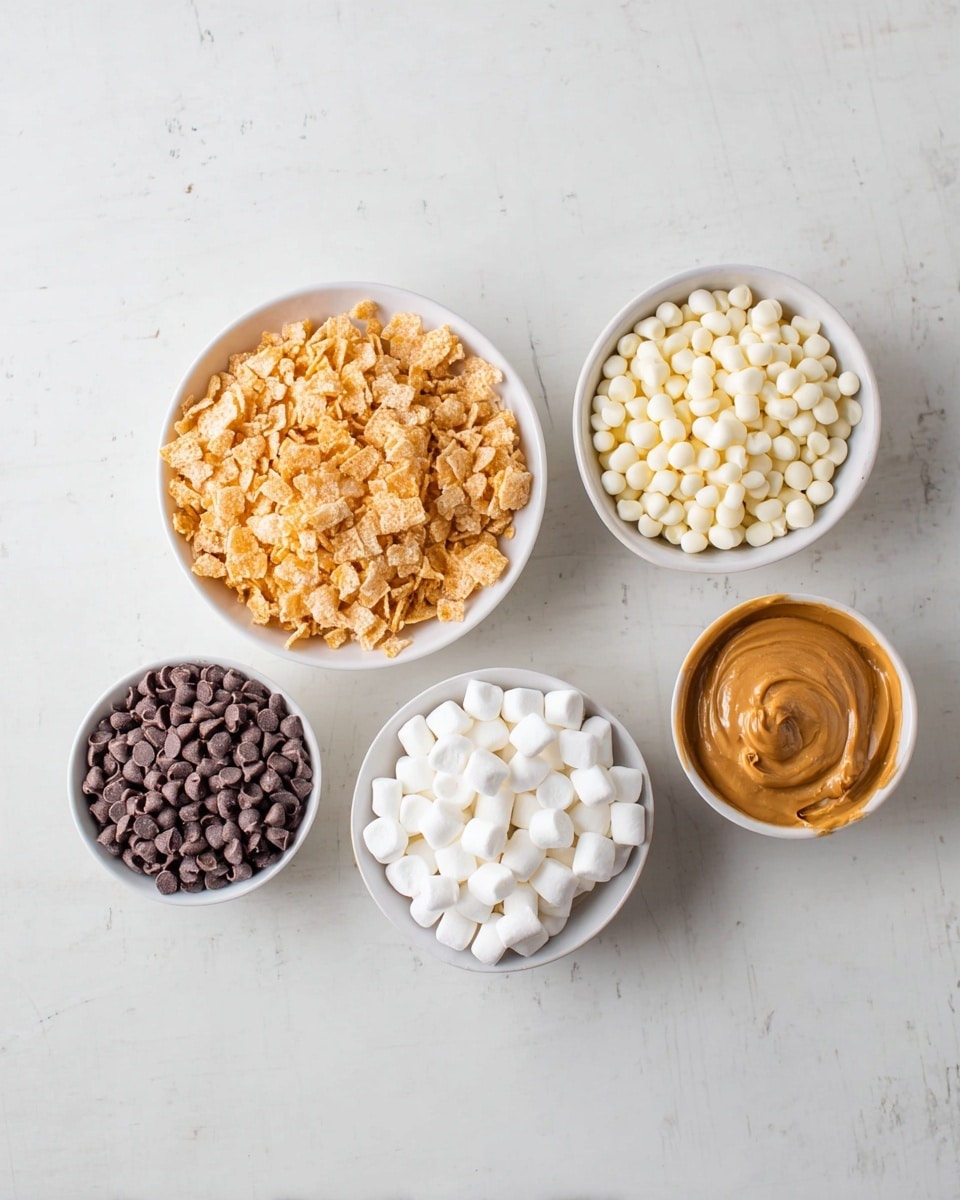 Five small white bowls are placed on a white marbled surface. The largest bowl holds a pile of light orange, flaky cereal pieces with a rough texture. Next to it, another large bowl contains many small, smooth white chocolate chips. A medium bowl filled with white mini marshmallows sits near the center. On the left, a smaller bowl contains dark brown mini chocolate chips, shiny and smooth. On the right, a small bowl is filled with light brown creamy peanut butter with a glossy surface. The bowls are arranged loosely in a semi-circle. Photo taken with an iphone --ar 4:5 --v 7
