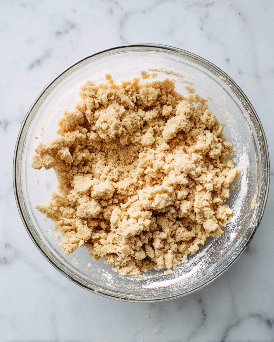 A clear glass bowl sits on a white marbled surface filled with crumbly, pale tan dough mixture. The dough pieces are small and uneven, clumped together but dry-looking with a rough texture. There is some loose flour dusting the sides of the bowl and the marbled surface beneath. The mixture has no distinct layers, just a uniform crumbly mass inside the bowl. photo taken with an iphone --ar 4:5 --v 7