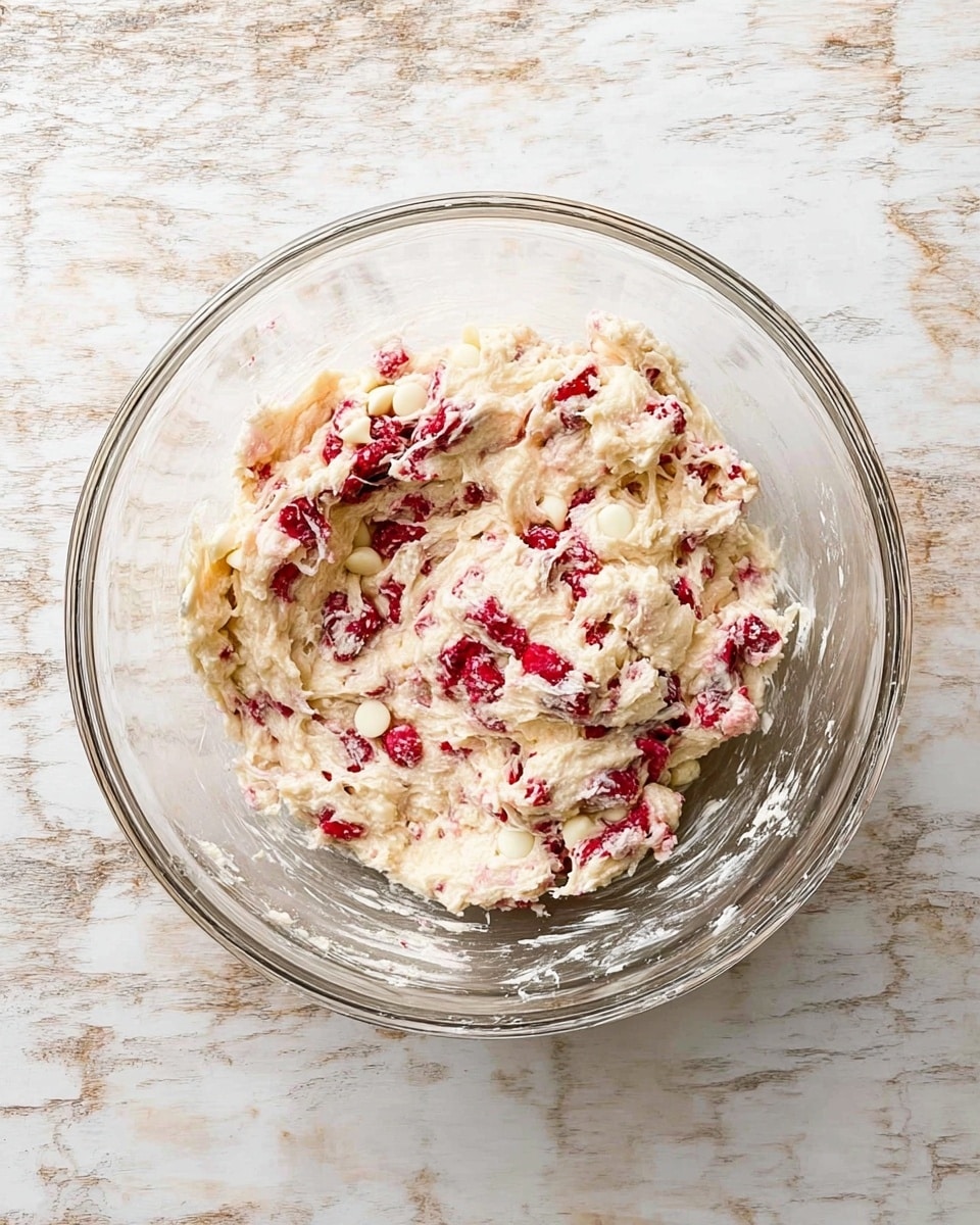 A clear glass bowl sits on a white marbled surface, filled with a thick, pale dough mixed unevenly with white chocolate chips and bright red bits that look like raspberries. The dough has a creamy texture with visible clumps and folds, and the white chocolate chips are scattered throughout in different layers within the dough. The red fruit pieces add splashes of vibrant color embedded inside the pale dough. The bowl is viewed from above with natural lighting highlighting the textures and colors clearly. photo taken with an iphone --ar 4:5 --v 7