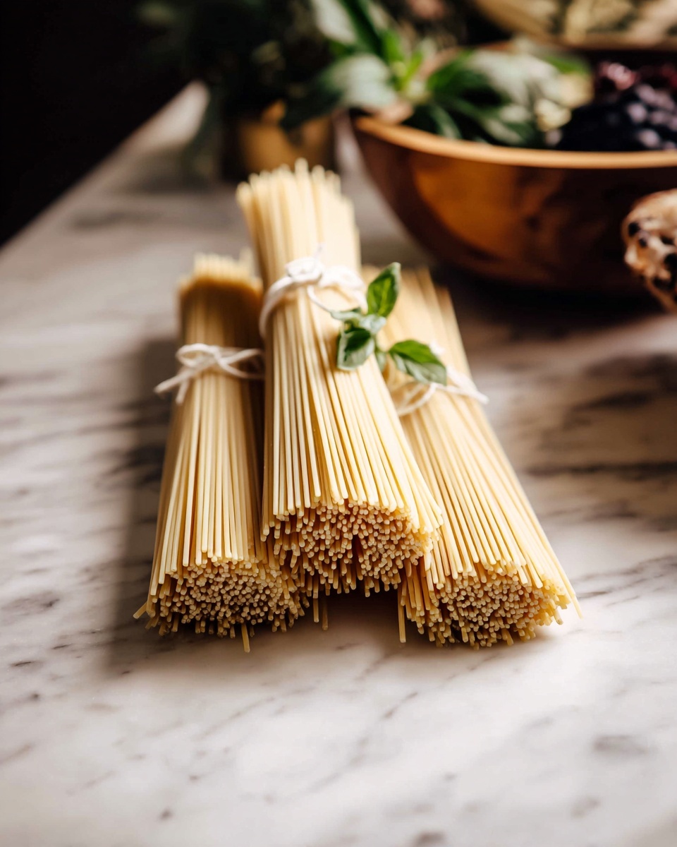 Three bundles of uncooked thin pasta sticks lie side by side on a white marbled surface, each tied near the top with a white string. The middle bundle has a few small green leaves tucked into its tie, adding a touch of color. The pasta sticks are pale yellow and straight, showing their cut ends facing the camera. In the blurred background to the right, part of a wooden bowl with some dark and green vegetables is visible. The lighting gives a warm tone to the scene. photo taken with an iphone --ar 4:5 --v 7