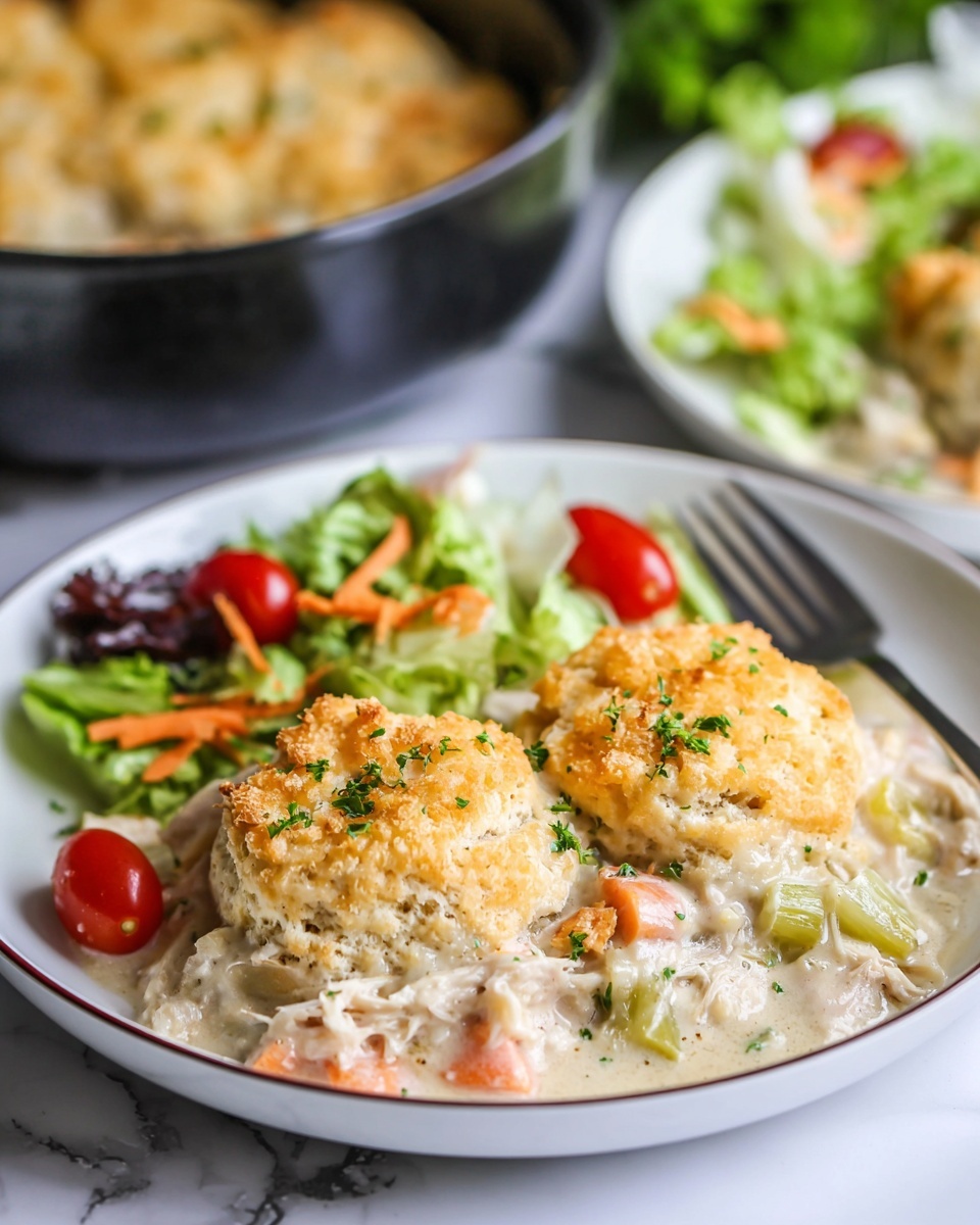 The image shows a white plate with two main parts. On one side, there is a colorful fresh salad made of different green lettuce leaves, small red cherry tomato halves, and thin orange carrot strips. On the other side, there is a creamy dish topped with two golden-brown biscuit layers that look soft and crumbly with a light crust. The creamy base under the biscuits has a white sauce with small orange carrot pieces, light green celery chunks, and bits of shredded chicken, sprinkled with small green parsley leaves. The plate sits on a white marbled surface. In the blurred background, there is a black pot with a similar creamy biscuit dish and some fresh green lettuce on the side. Photo taken with an iphone --ar 4:5 --v 7