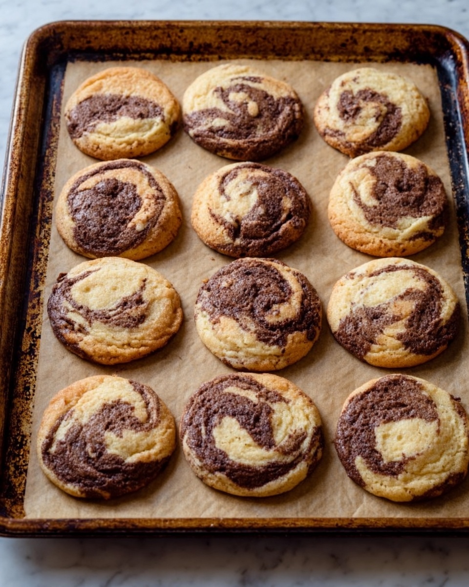 The BEST Cinnamon Cookie Recipe 5 A baking tray filled with twelve round cookies that have a swirled pattern of light golden and dark brown, showing a mix of plain and chocolate dough. The cookies are soft-looking with slightly cracked tops, placed on a sheet of light brown parchment paper that lines the tray. The tray is old and has a rustic look with dark marks on its edges, resting on a white marbled surface. photo taken with an iphone --ar 4:5 --v 7