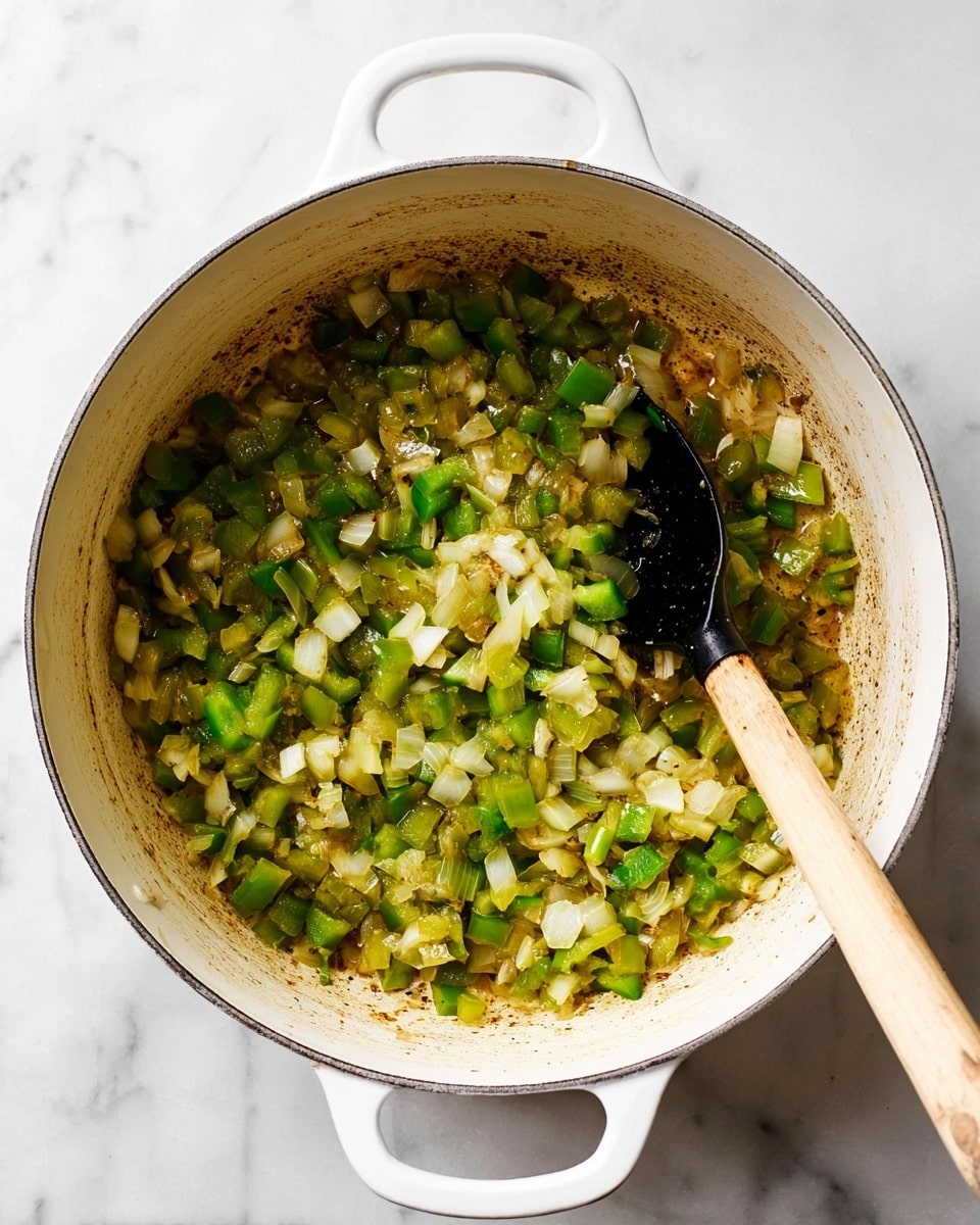 A white pot is filled with a cooked mixture of small, soft green bell pepper pieces and translucent light yellow onion chunks. The vegetables have a slightly browned and seasoned look, scattered evenly around the pot's bottom. A black spoon with a light wooden handle rests inside, partially covered by the cooked vegetables. The pot sits on a white marbled surface. photo taken with an iphone --ar 4:5 --v 7
