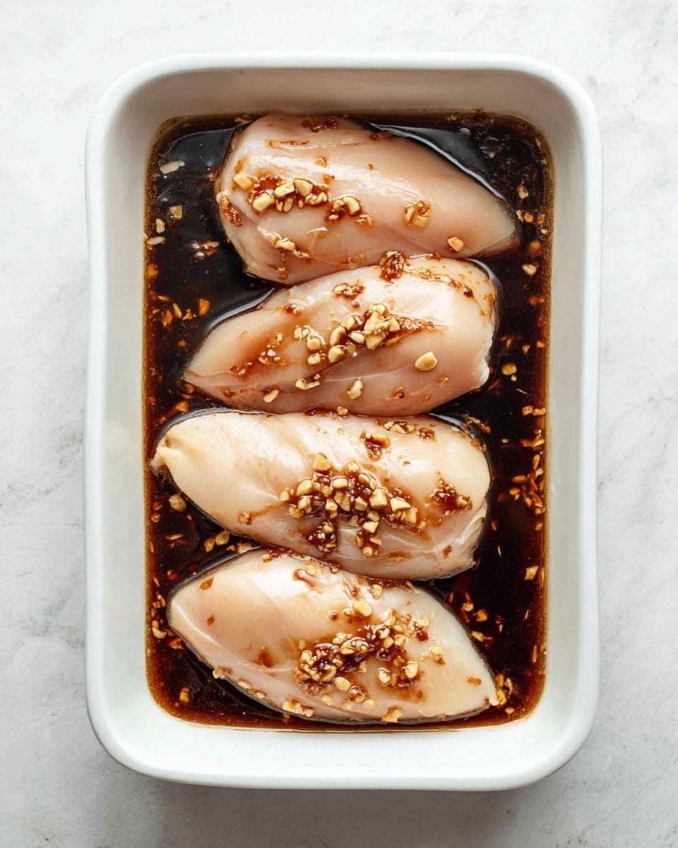 A white rectangular baking dish holds four raw chicken breasts arranged closely to fill the dish, covered with a dark brown sauce that has small bits of garlic or ginger spread evenly over the chicken and floating lightly in the sauce, making the chicken surfaces shiny and moist against a white marbled surface background photo taken with an iphone --ar 4:5 --v 7