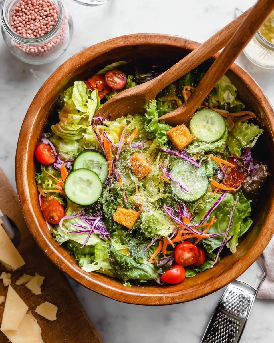 A wooden bowl filled with a fresh salad made of three main layers: the base layer of mixed green leaf lettuce, light and dark green with wavy edges; the middle layer of thin cucumber slices, round and pale green with dark green edges, combined with halved cherry tomatoes that are bright red with shiny skins; and the top layer sprinkled with small golden brown croutons, thin orange carrot strips, and some thin strands of purple cabbage adding a vibrant touch. A light dusting of grated cheese or dressing is visible scattered on top. A wooden spoon and fork rest inside the bowl, and the bowl is placed on a white marbled surface with a small glass jar of pink peppercorns and a cheese grater with pieces of light tan cheese nearby. photo taken with an iphone --ar 4:5 --v 7