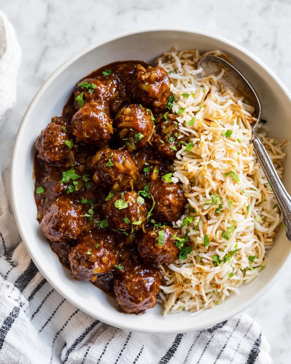A white bowl holds two layers of food neatly divided; on the left, small round meatballs covered in a rich, glossy brown sauce with visible pieces of onions and green herbs sprinkled on top, and on the right, a serving of rice mixed with thin, light brown noodle strands, both looking soft and fluffy. A silver fork and spoon rest on the edge of the bowl against the rice, placed on a white marbled textured surface, with a white cloth with black stripes partially visible near the bottom. Photo taken with an iphone --ar 4:5 --v 7