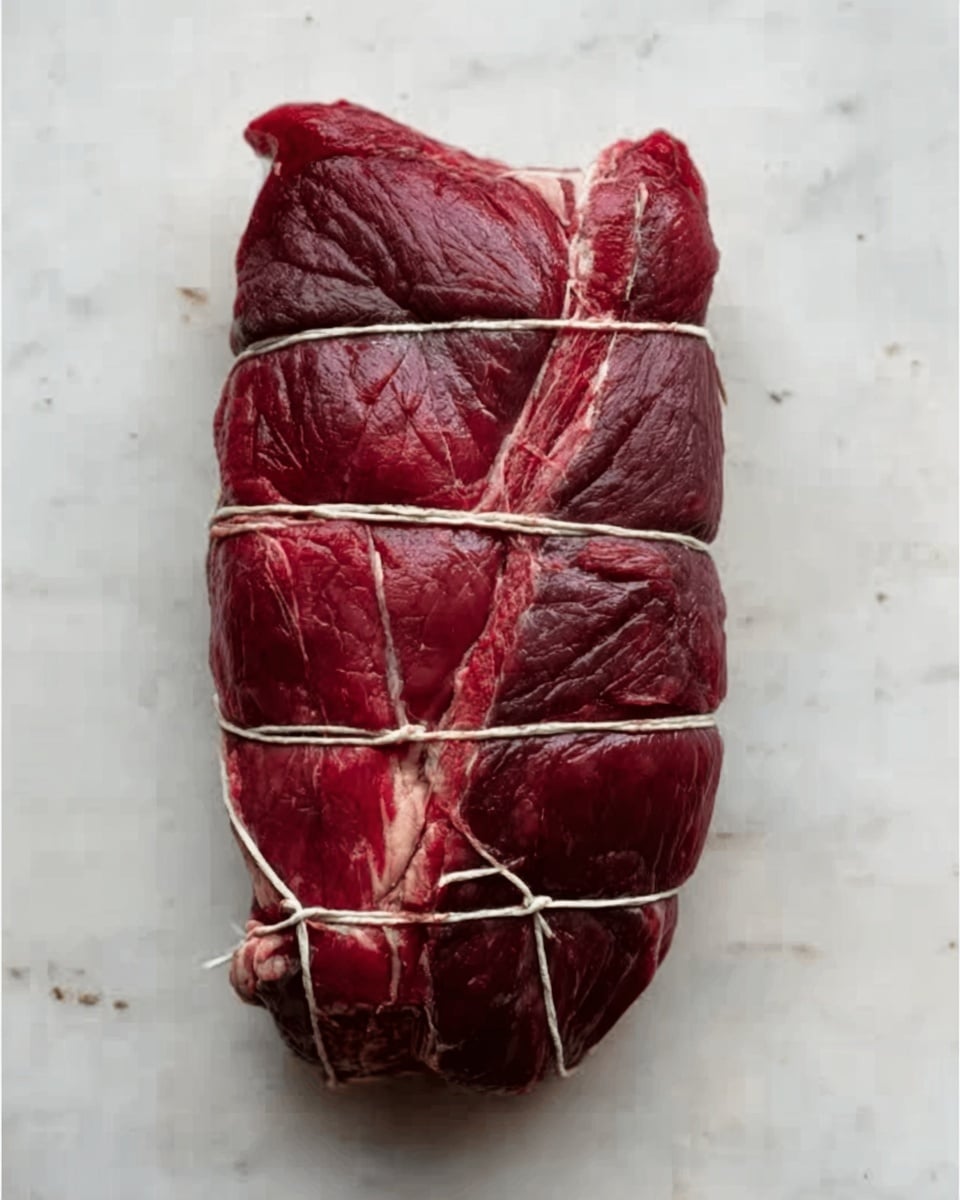 The image shows a large piece of raw red meat tied tightly with white string in several places, holding its shape firmly. The meat has a deep red color with some darker and lighter areas showing texture, with smooth and slightly uneven surfaces. It is placed on a white marbled surface, which provides a clean and simple background that contrasts with the rich red color of the meat. Photo taken with an iphone --ar 4:5 --v 7