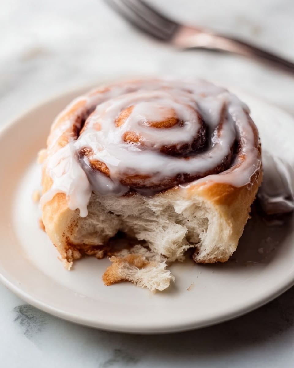 A cinnamon roll with three visible layers spiraled tightly, showing a light brown dough with a glossy white icing generously spread on top and melting slightly onto the plate. The roll is partially torn open on one side, revealing a soft, fluffy texture inside with streaks of cinnamon brown running through the spiral. The roll sits on a plain white plate with a soft shadow on a white marbled surface. A fork rests beside the plate, slightly out of focus. Photo taken with an iphone --ar 4:5 --v 7