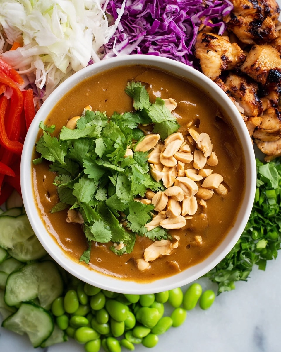 The image shows a white bowl filled with brown peanut sauce topped with chopped peanuts and fresh green cilantro leaves, placed at the center. Surrounding the bowl on a white marbled surface are different layers: at the top right, golden-brown cooked chicken pieces with a slight char; at the top left, shredded purple cabbage mixed with white shredded vegetables and some red bell pepper slices; at the bottom left, thinly sliced light green cucumbers; and at the bottom right, bright green edamame beans next to chopped dark green herbs. The colors and textures are fresh and vibrant, creating a colorful and appetizing look. photo taken with an iphone --ar 4:5 --v 7