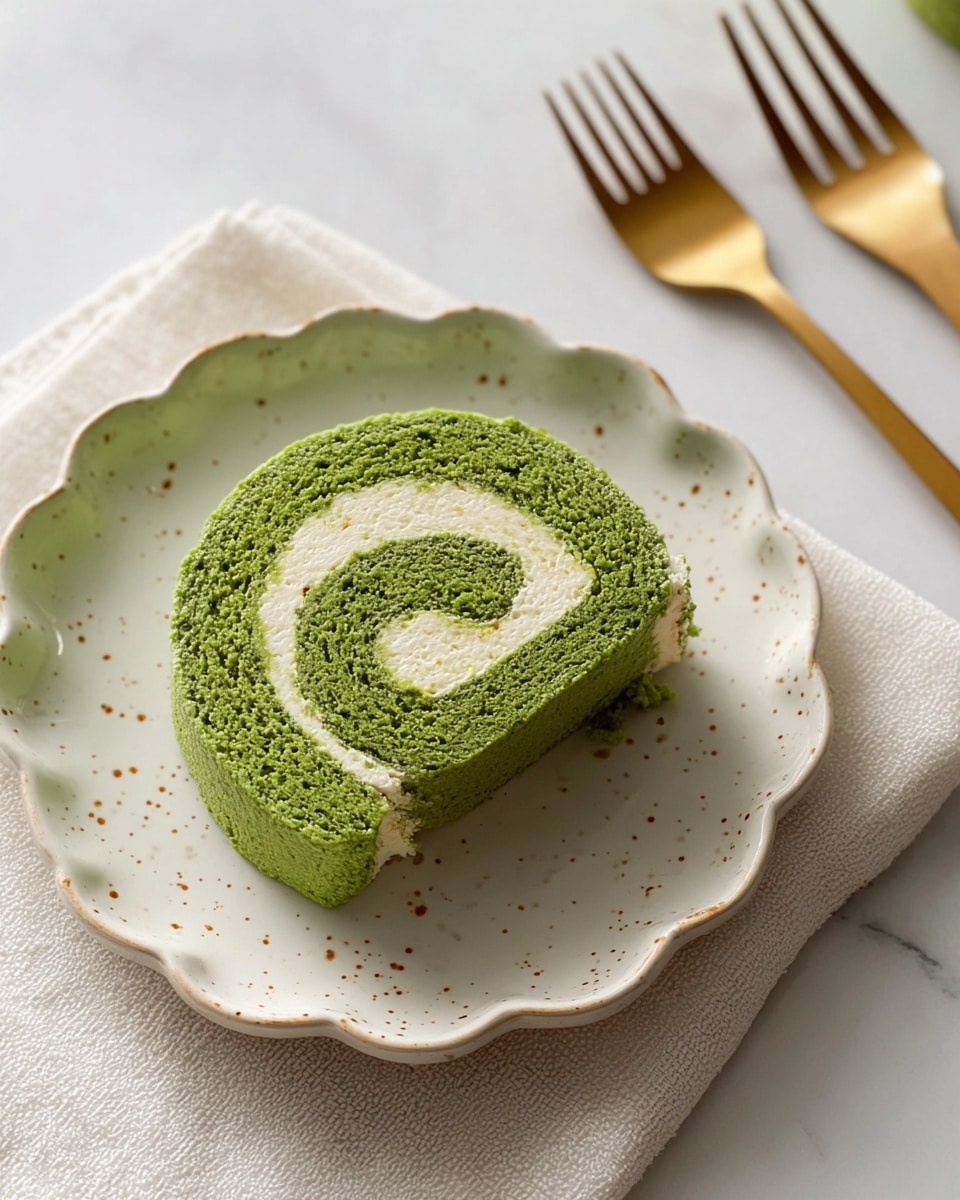 A single slice of matcha roll cake sits centered on a white ceramic plate with scalloped edges and small brown speckles. The cake has two layers: a thick outer layer of bright green matcha sponge that looks soft and airy, and an inner swirl of pale cream filling with a smooth texture. The plate rests on a white marbled surface with a soft off-white cloth partially visible under the plate. To the side, there is a gold fork and spoon set, placed diagonally. Photo taken with an iphone --ar 4:5 --v 7