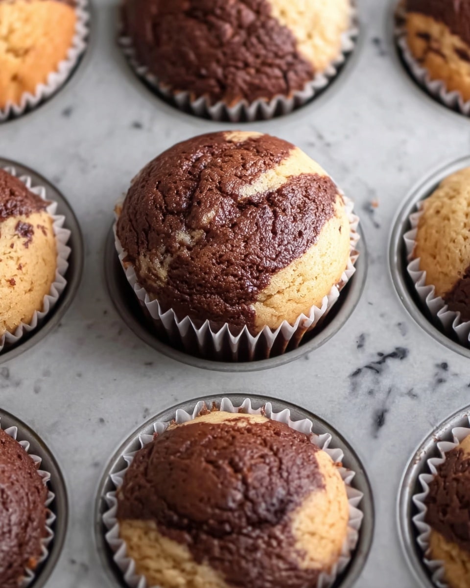 The image shows a close-up view of a muffin tray with several freshly baked muffins. Each muffin has two visible layers: a light beige base and a darker brown top layer, which appears rich and slightly textured. The muffin in the center stands out with a clear striped pattern of light and dark layers inside its white liner. The tray has round pockets, and the background is a white marbled texture. photo taken with an iphone --ar 4:5 --v 7