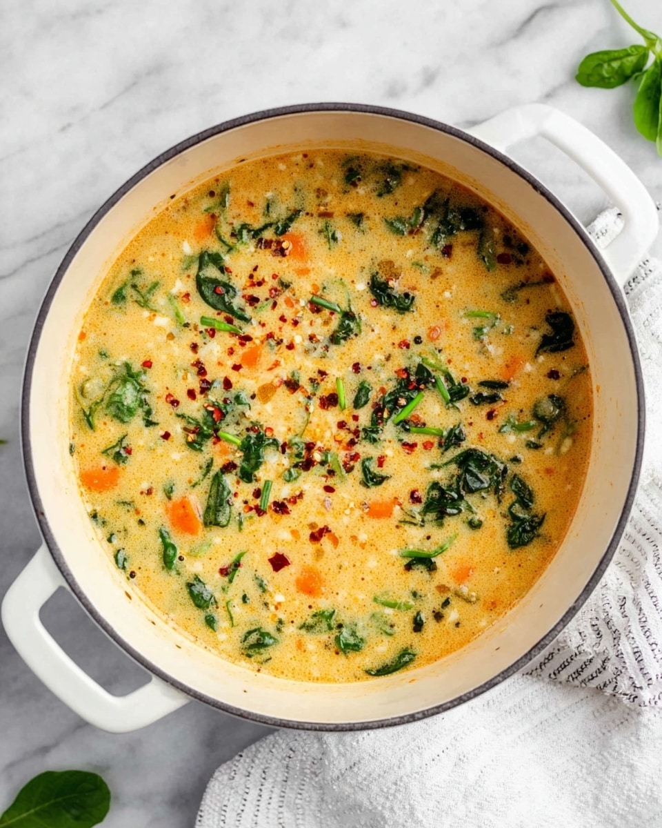 A white pot filled with thick creamy soup that has an orange and light yellow base. The soup is mixed with green spinach leaves and small orange carrot pieces scattered throughout. On top, there are red chili flakes and bits of green herbs sprinkled evenly. The pot sits on a white marbled surface with a white and gray striped cloth to the right. A few small green leaves are placed around the pot. Photo taken with an iphone --ar 4:5 --v 7