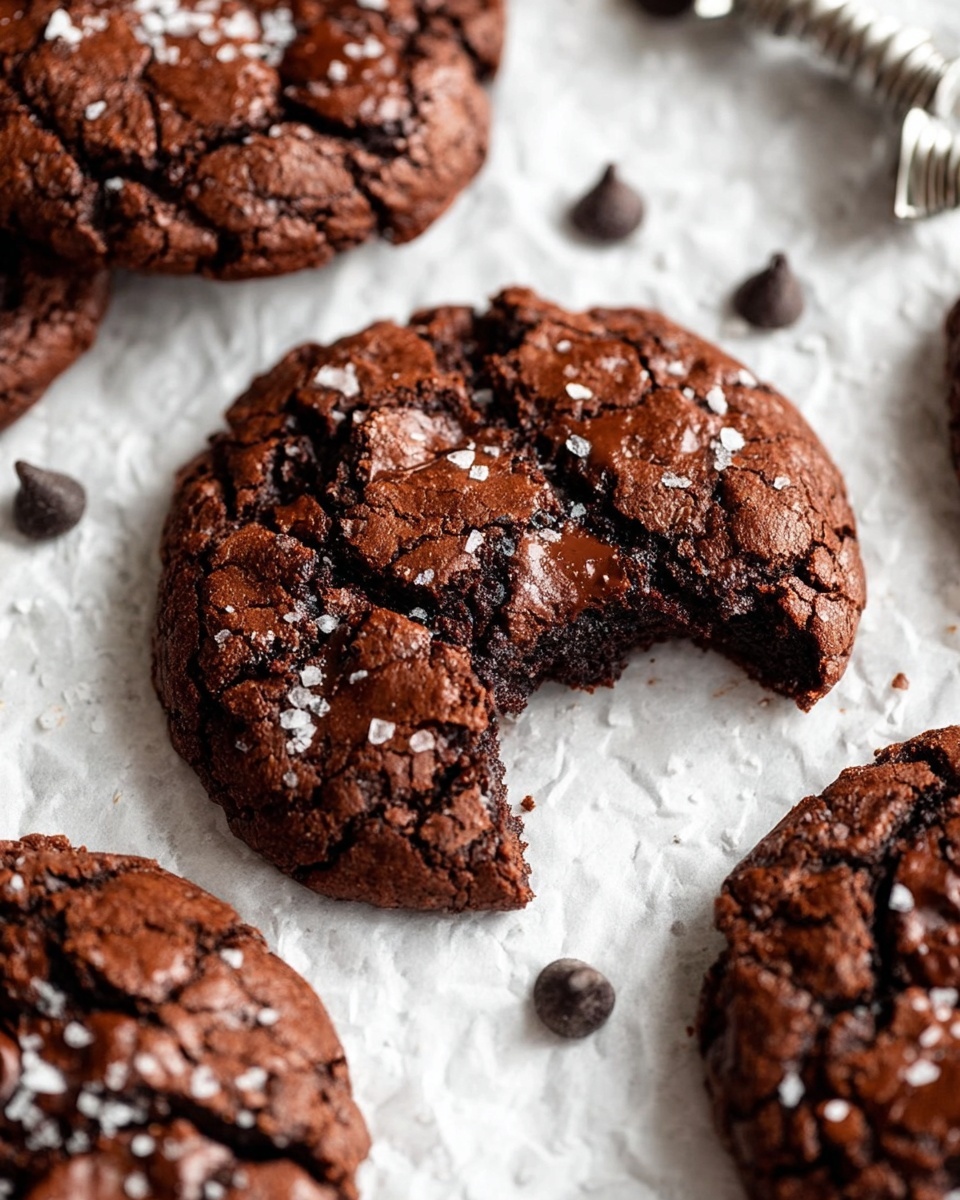 The image shows a close-up of several rich, dark chocolate cookies with a cracked, slightly shiny surface. Each cookie has a rough, textured top with visible chocolate chips embedded and sprinkled with bits of flaky sea salt. One cookie in the front has a bite taken out, revealing a moist, dense interior that contrasts with the slightly crisp outside. The cookies rest on white parchment paper, which lies on a surface with a white marbled texture. Scattered around the cookies are more chocolate chips, adding extra detail. In the background, a silver metal mixer attachment is partially visible, hinting at the baking process. Photo taken with an iphone --ar 4:5 --v 7