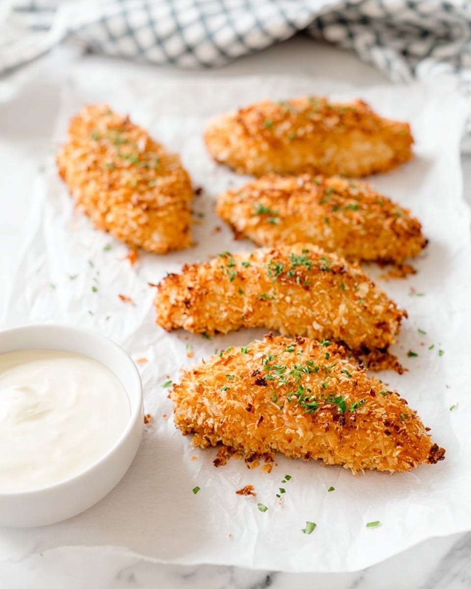 The image shows five golden brown, crispy breaded chicken pieces arranged in a loose pattern on white parchment paper over a white marbled surface. Each chicken piece has a coarse, crumbly texture with toasted bits and is topped with small green herb sprinkles. To the lower left corner, there is a small white bowl filled with smooth, creamy white sauce. The scene looks bright and clean with soft, natural lighting and a blurred checkered cloth in the background. photo taken with an iphone --ar 4:5 --v 7