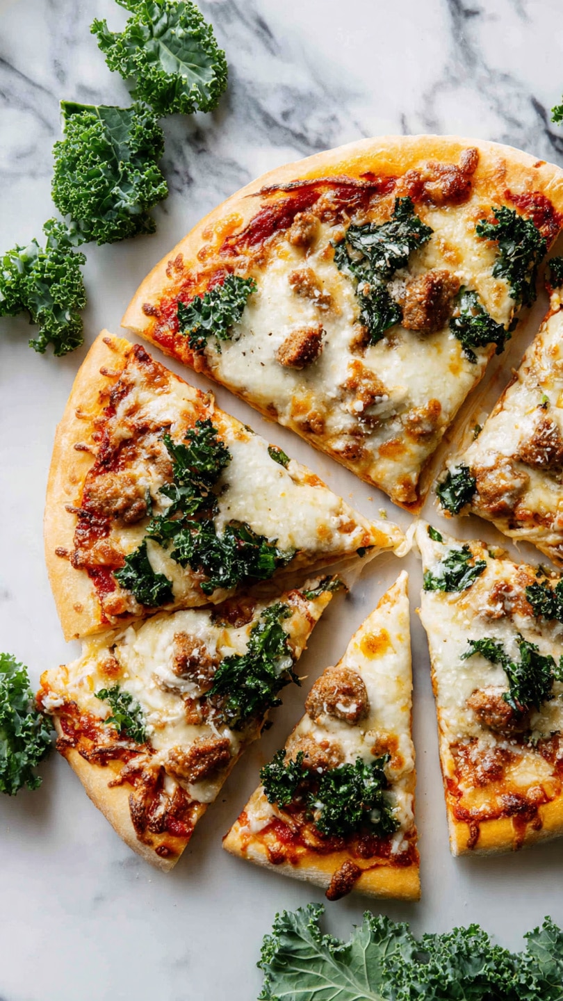 A round pizza is shown sliced into six pieces on a white marbled surface, with a thin golden crust forming the base layer. The second layer is a spread of red tomato sauce, topped by a generously melted light golden cheese layer that covers almost the entire pizza. Scattered on top are dark green crispy kale pieces adding texture and color contrast. Small brown cooked meat chunks are unevenly placed across the pizza, resting on the cheese and kale. The edges of the crust are fluffy and slightly browned. Fresh kale leaves are placed around the pizza on the surface, with a pizza cutter partially visible nearby. Photo taken with an iphone --ar 4:5 --v 7