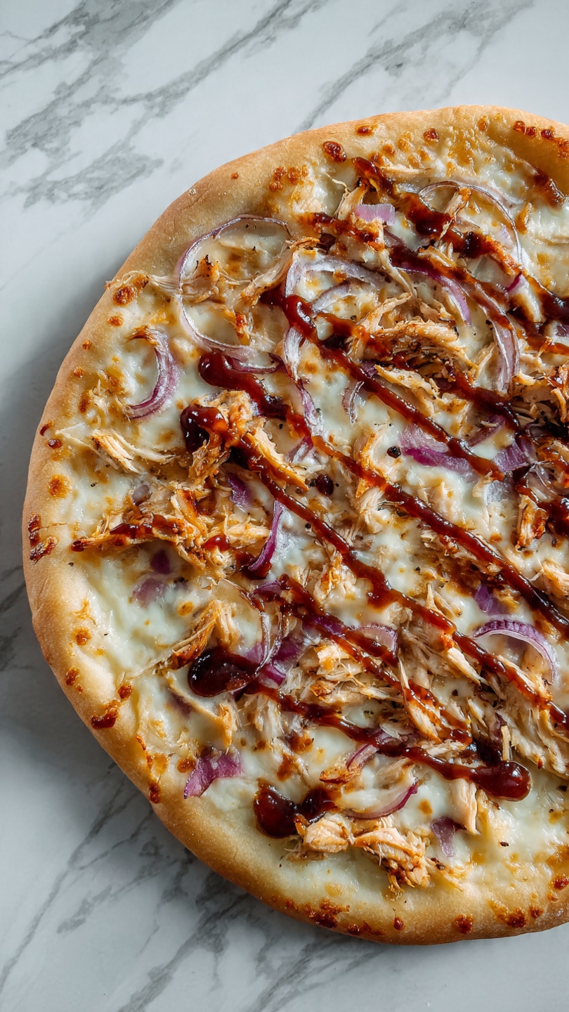 A round pizza with a light golden crust forms the base. The first layer is a white melted cheese, smooth and slightly stretchy, covering the crust evenly. On top, there are shredded pieces of cooked chicken in a light brown color, scattered generously. Thin slices of purple-red onion are spread evenly over the chicken, adding color and texture. A drizzle of dark brown barbecue sauce is visible, creating shiny stripes over the toppings. The pizza is set on a white marbled surface. photo taken with an iphone --ar 4:5 --v 7