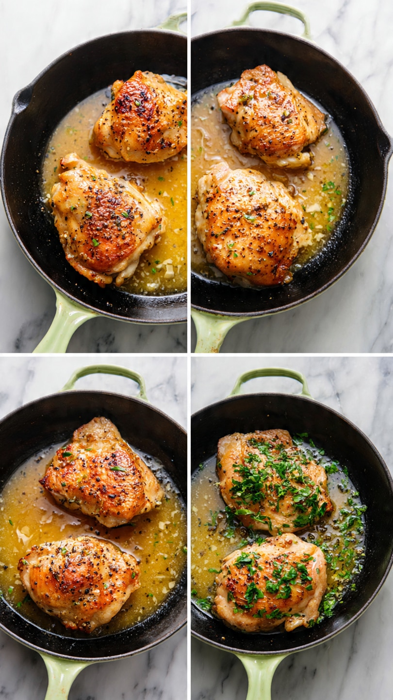 The image shows four cooked chicken pieces in a black cast iron pan with a light green handle, placed on a white marbled surface. The chicken pieces are golden brown with some black pepper sprinkled on top. The first image shows the chicken plain with some light brown sauce and butter melting around them. In the second image, the chicken is topped with fresh green herbs scattered over the pieces and sauce, adding a touch of color. The chicken has a slightly shiny texture from the sauce and looks juicy. Photo taken with an iphone --ar 4:5 --v 7