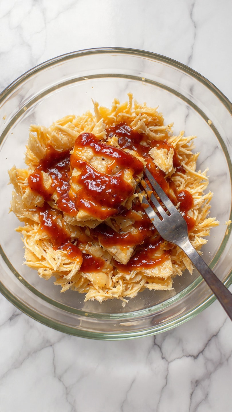 A clear glass bowl sits on a white marbled surface, filled with shredded light beige cooked chicken. On top of the chicken, there are thick, dark reddish-brown barbecue sauce streaks unevenly spread. A metal fork is partly placed inside the bowl, resting on the chicken and sauce mix, ready to mix or eat. photo taken with an iphone --ar 4:5 --v 7