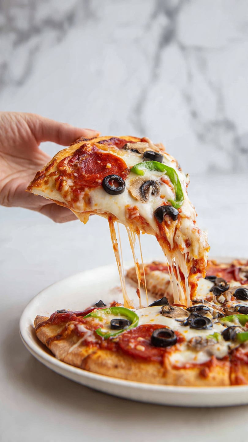 A slice of pizza is being lifted from a white plate, showing stretchy melted cheese connecting the slice to the rest of the pizza. The pizza has a golden crust, a layer of rich red tomato sauce, and a thick layer of melted cheese on top. Visible on the cheese are slices of pepperoni, black olive rings, green bell pepper strips, and brown mushroom slices scattered evenly. The background has a white marbled texture. A woman's hand is holding the slice from the crust edge. Photo taken with an iphone --ar 4:5 --v 7