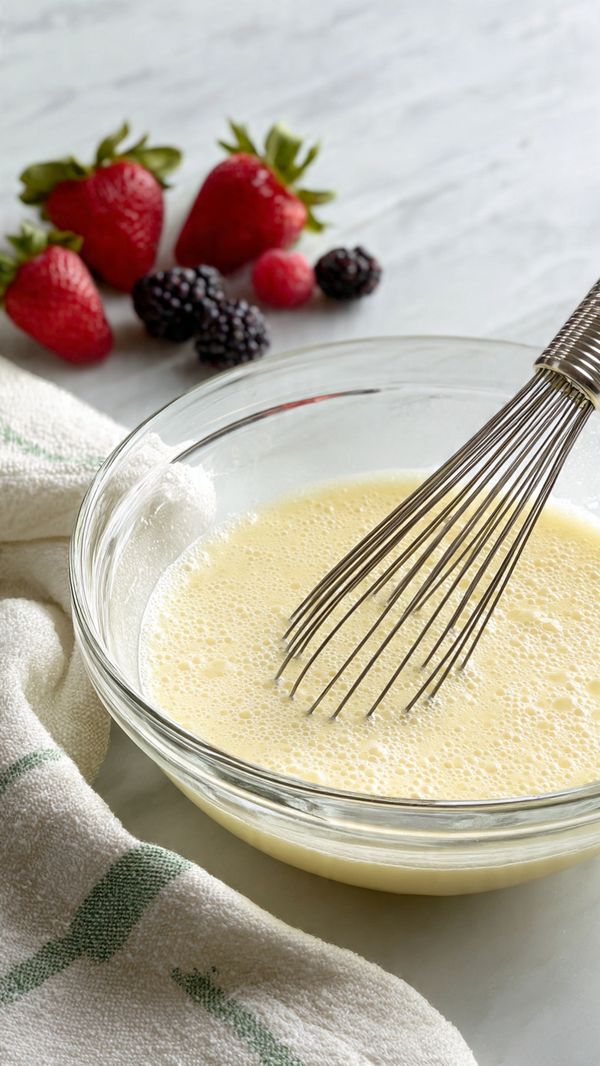 A clear glass bowl is shown close up, filled with a pale yellow foamy liquid batter, light and airy with bubbles on the surface. A silver and black whisk rests inside the batter, its thin wires partially submerged. To the left on a white marbled surface, there is a white cloth with two green stripes holding a few fresh red strawberries and small dark blackberries. The scene is soft and bright with natural light. photo taken with an iphone --ar 4:5 --v 7