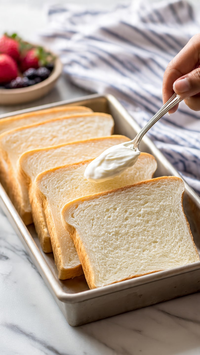 A close-up view of six slices of white bread arranged side by side in a metal baking tray, each slice showing a soft, light beige texture with a golden brown crust edge. A woman's hand is holding a silver spoon spreading a thick, creamy white sauce on the top left slice of bread. In the blurred background, there is a white cloth with blue stripes and some red strawberries and dark berries placed on a white marbled surface. The overall setting has a soft, natural light that highlights the smooth textures of the bread and sauce photo taken with an iphone --ar 4:5 --v 7