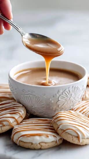 A white bowl with a raised floral pattern sits in the center on a white marbled surface, filled with smooth, shiny caramel sauce. A woman's hand holds a silver spoon above the bowl, with caramel sauce dripping slowly from it. Surrounding the bowl are round cookies, each with a creamy white frosting layer topped with thin, drizzled caramel stripes in a neat pattern. The cookies have a light golden-brown texture, and the whole scene is softly lit with a clean, bright background. photo taken with an iphone --ar 4:5 --v 7