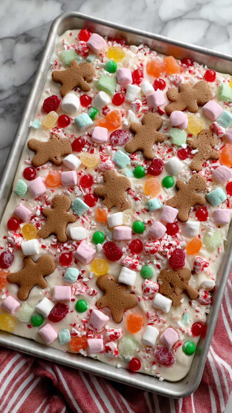 A large silver tray holds a thick layer of white chocolate base spread evenly, covered with many colorful toppings. Scattered on top are several brown gingerbread shape cookies with a smooth texture, surrounded by small red and green candy-coated pieces. There are also small, soft marshmallows in pastel colors like pink, white, and light green, mixed with bright, jewel-toned gumdrops in red, yellow, orange, and purple. Small crushed peppermint candy bits add white and red specks all over. The tray rests on a white marbled surface next to a striped cloth. photo taken with an iphone --ar 4:5 --v 7