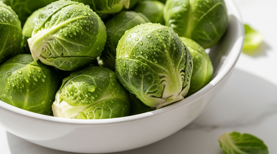 A close-up image of a white bowl filled with fresh green Brussels sprouts, some whole and some with outer leaves slightly peeled, showing layers of tightly packed leaves. The Brussels sprouts have small water droplets on their surface, giving a fresh and crisp look. The bowl sits on a white marbled surface, and the bright natural light highlights the textures of the sprouts and the smooth ceramic bowl. photo taken with an iphone --ar 4:5 --v 7