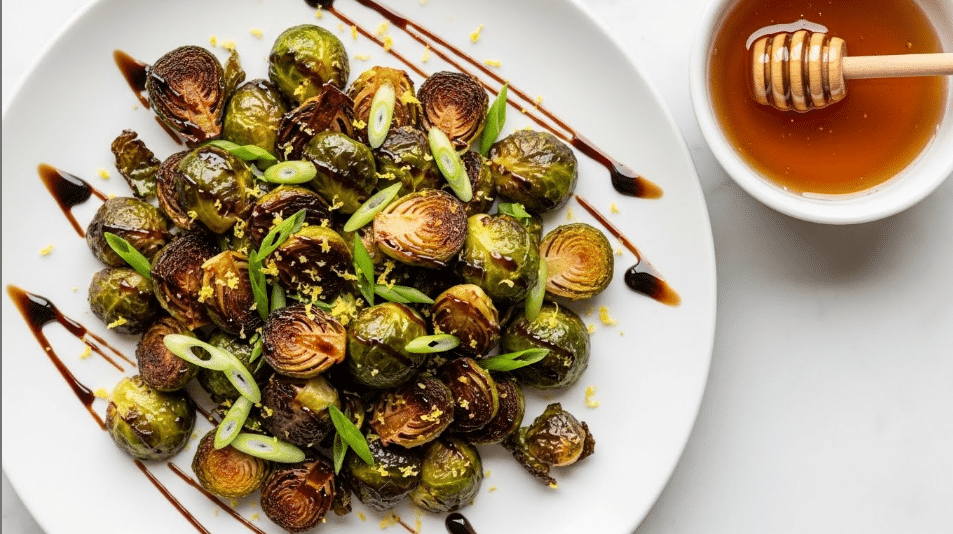 A white plate holds roasted Brussels sprouts that are browned and crisp on the edges with a deep green and golden color. The sprouts are tossed with bright green sliced scallions and sprinkled with fine yellow lemon zest. A dark, glossy sauce is drizzled in thin lines over the top, adding shine and contrast. To the side, a white bowl contains amber honey being held with a small wooden honey dipper. The dish sits on a white marbled surface. photo taken with an iphone --ar 4:5 --v 7