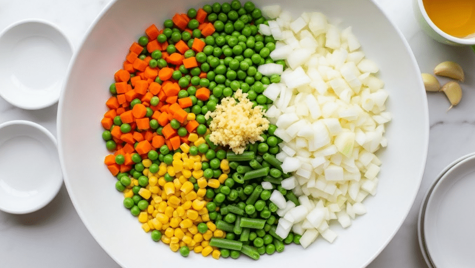 In the image, a large white bowl is filled with three visible layers of ingredients: on the right side, there is a pile of chopped white onion pieces; on the left, a colorful mix of diced orange carrots, green peas, yellow corn, and green beans; and in the middle, a small heap of finely minced garlic. The bowl is placed on a white marbled surface, with small white dishes and a pale green teacup nearby. The overall appearance is fresh and vibrant with a mix of soft and crisp textures visible. Photo taken with an iphone --ar 4:5 --v 7