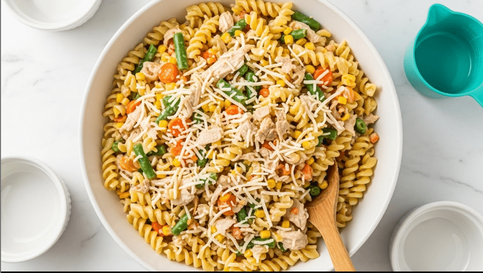 The image shows a large white bowl filled with creamy pasta. The pasta is spiral-shaped, pale yellow, mixed with small pieces of green beans, orange carrots, and corn. Thin white and light brown shredded pieces are spread evenly throughout the pasta, giving texture to the dish. The bowl sits on a white marbled surface. Around the bowl, there are three small white bowls, some partially visible, and a turquoise measuring cup on the right side. A wooden spoon is inside the pasta bowl, slightly covered by the pasta. Photo taken with an iphone --ar 4:5 --v 7