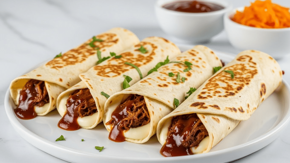 The image shows four rolled wraps placed closely on a white plate on a white marbled surface, each wrap has a golden-brown grilled outer layer with crisp spots and is filled with dark brown shredded meat and melted yellow cheese, some cheese oozes out from the edges along with some meat juices, garnished with small bits of green herbs sprinkled over the wraps and plate, behind the plate there is a white ceramic cup holding brown dipping sauce, the overall look is warm and inviting. photo taken with an iphone --ar 4:5 --v 7
