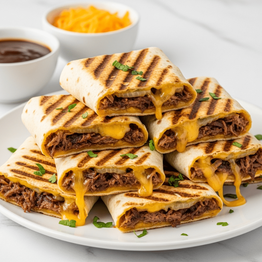 The image shows four rolled tortillas lightly toasted to golden brown with small charred spots, each filled with a layer of melted white cheese topped with savory shredded dark brown meat and glossy brown sauce that oozes out at the ends. The tortillas are placed closely together on a round white plate, garnished sparingly with green herbs. In the background on a white marbled surface, there are two small white bowls, one with more brown sauce and the other filled with orange shredded vegetables. photo taken with an iphone --ar 4:5 --v 7