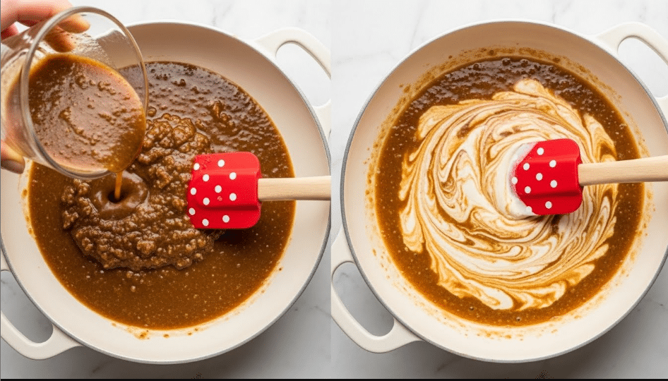 The image shows two views of a white round pan with a red spatula with white polka dots inside. The first view on the left shows a brown sauce with visible chunks of garlic and meat being poured from a glass cup, with the sauce thick and textured. The second view on the right shows the same pan where cream is being mixed into the brown sauce, creating a swirling pattern of light and darker beige colors with the spatula stirring in the center. The pan sits on a white marbled surface. Photo taken with an iphone --ar 4:5 --v 7